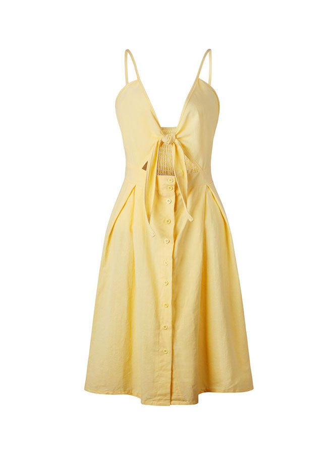 Solid Pattern Midi Dress With Tie-Up Front Yellow  - Image 1
