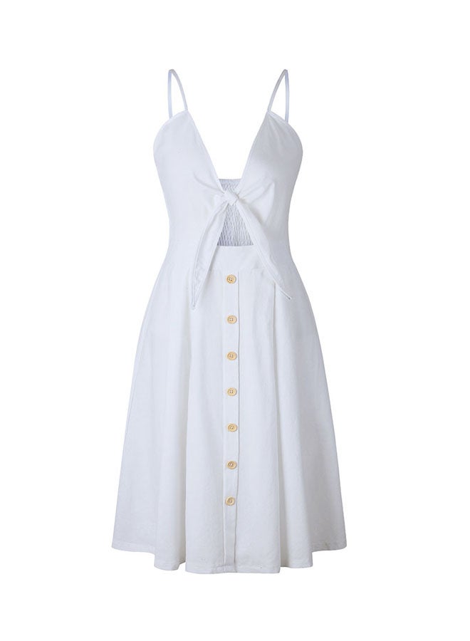 Solid Pattern Midi Dress With Tie-Up Front White  - Image 1