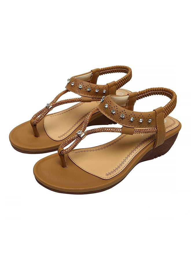 T-strap Wedge Elastic Band Sandals Brown  - Image 1