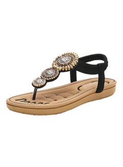 Bohemian T-strap Elastic Band Sandals Black