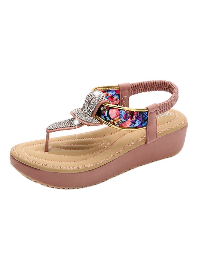 T-strap Wedge Elastic Band Sandals Pink - Image 1