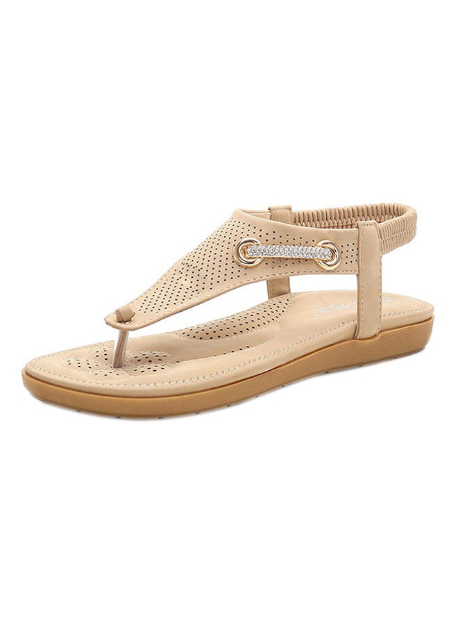 Bohemian T-strap Elastic Band Sandals Beige - Image 1