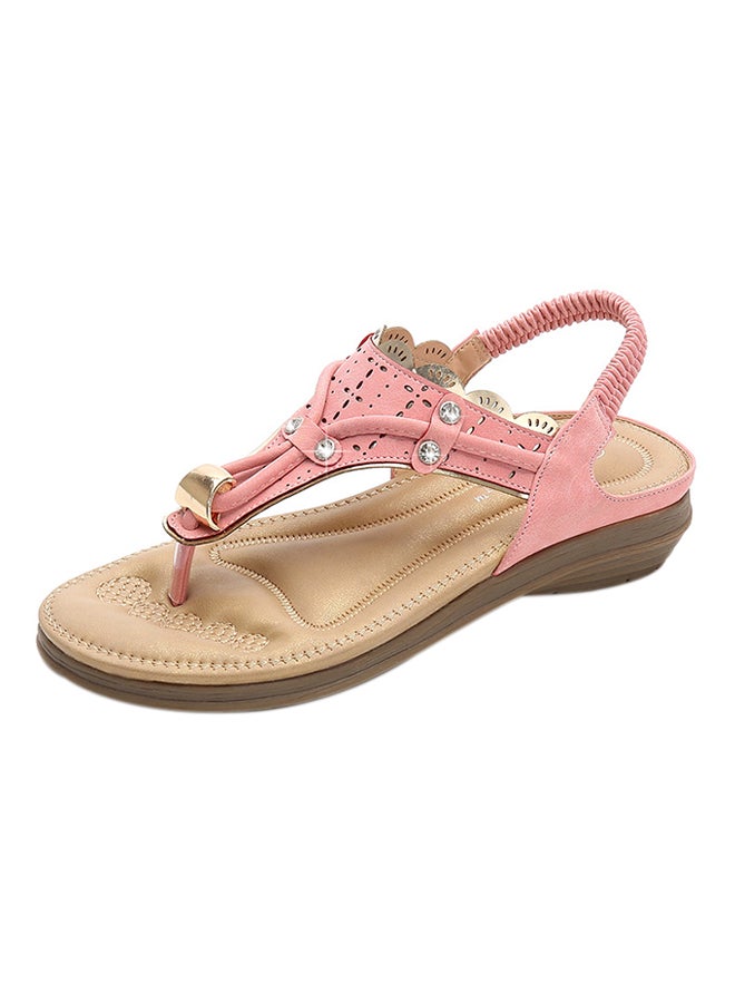 Bohemian T-strap Elastic Band Sandals Pink  - Image 1