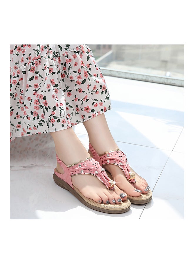 Bohemian T-strap Elastic Band Sandals Pink  - Image 2