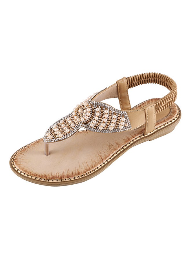 Generic - Bohemian T-strap Elastic Band Sandals Beige - Image 1