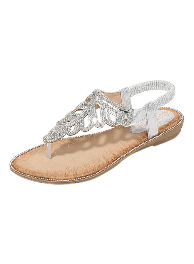 Bohemian T-strap Elastic Band Sandals Silver - Image 1