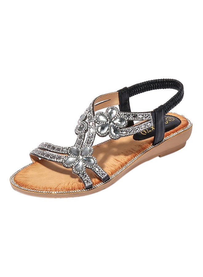 Bohemia Rhinestone Elastic Band Sandals Black  - Image 1