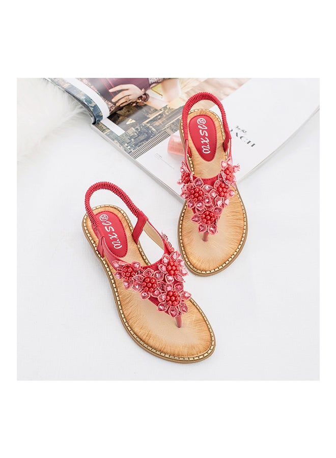 Generic - Fashion Flip Flops T-strap Elastic Band Sandals Red - Image 1