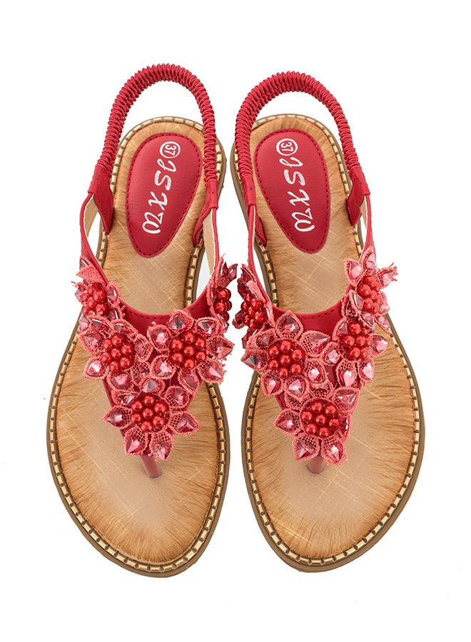 Generic - Fashion Flip Flops T-strap Elastic Band Sandals Red - Image 1