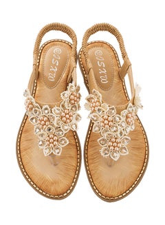 Generic Fashion Flip Flops T-strap Elastic Band Sandals Beige  - Image 1