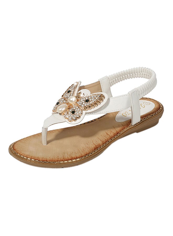 Rhinestone T-Strap Elastic Band Sandals White  - Image 1
