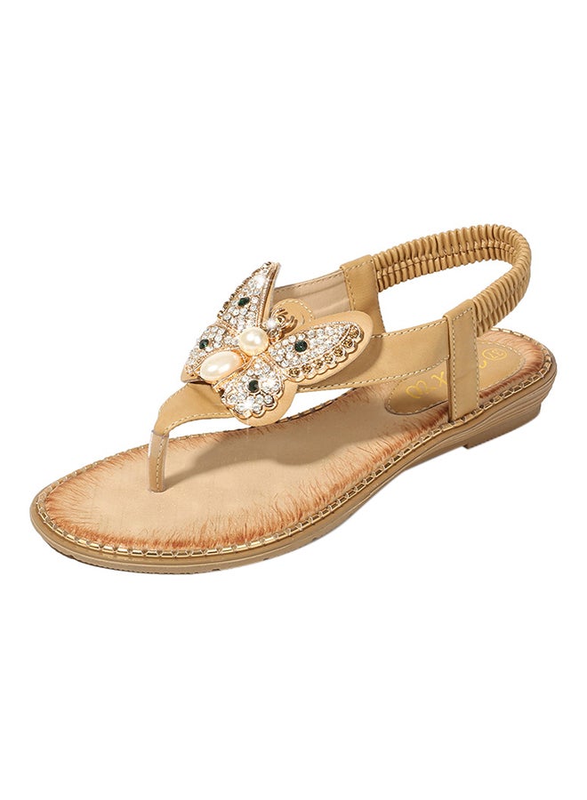 Rhinestone T-Strap Elastic Band Sandals Brown - Image 1