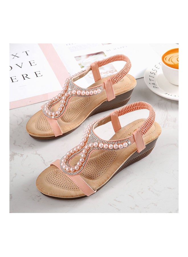 Open Teo Wedge Elastic Band Sandals Pink  - Image 2