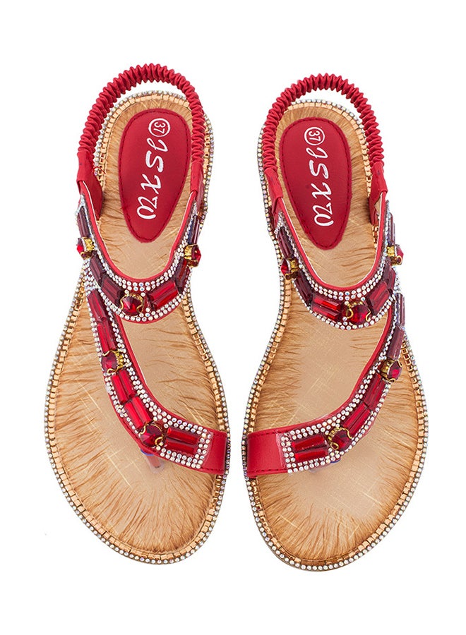 Generic - Fashion Rhinestone Thong Flat Elastic Band Sandals Red - Image 1
