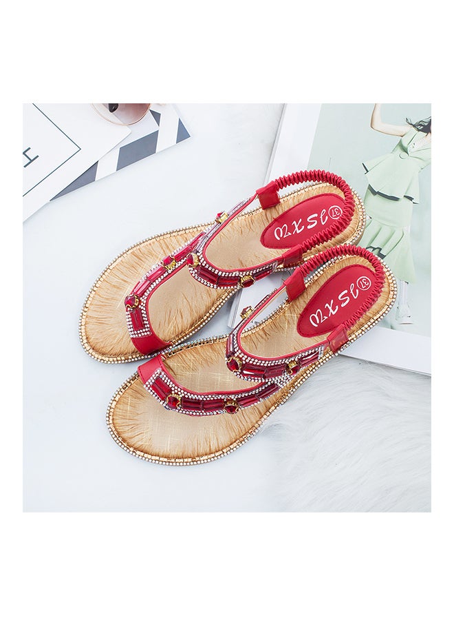 Generic - Fashion Rhinestone Thong Flat Elastic Band Sandals Red - Image 1
