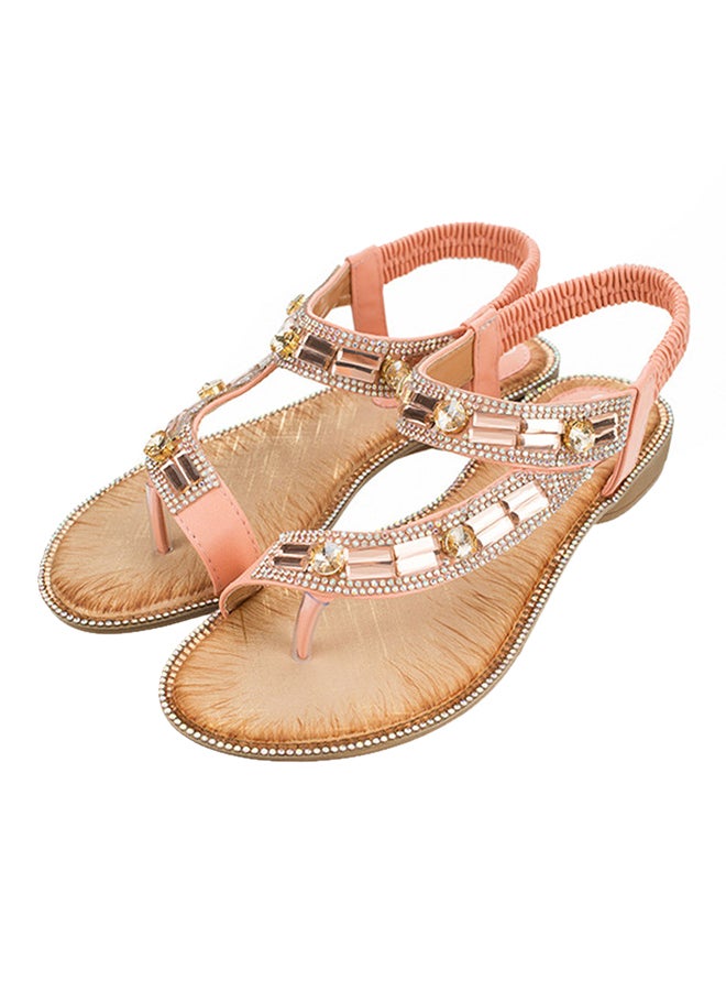 Generic - Fashion Rhinestone Thong Flat Elastic Band Sandals Pink - Image 1