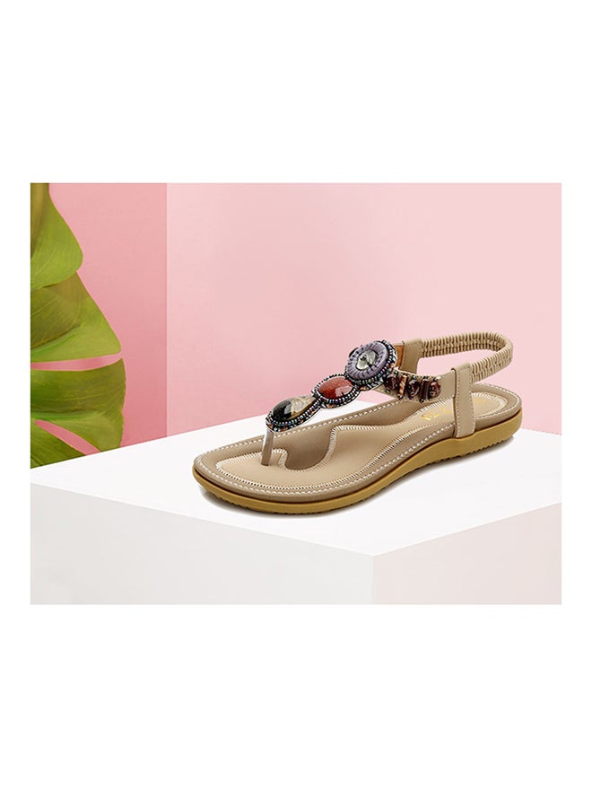 Generic - T-strap Crystal Elastic Band Sandals Beige - Image 1