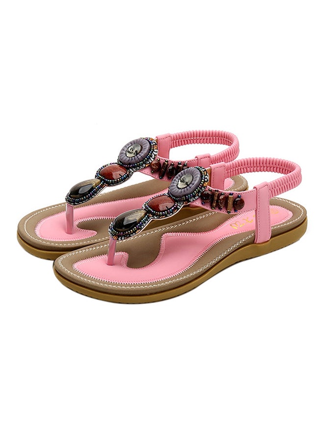 Generic - T-strap Crystal Elastic Band Sandals Pink - Image 1