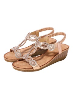 Bohemian Rhinestone Bead Wedge Elastic Band Sandals Pink