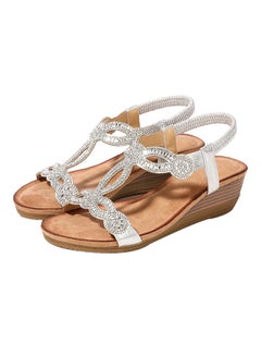 Bohemian Rhinestone Bead Wedge Elastic Band Sandals Silver