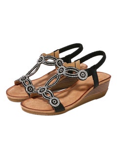 Bohemian Rhinestone Bead Wedge Elastic Band Sandals Black