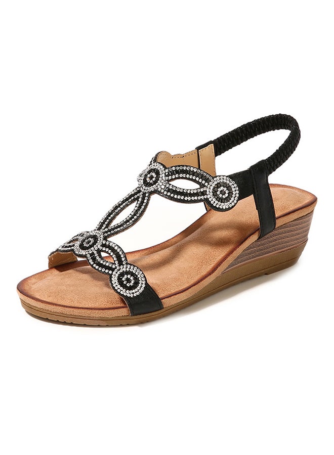 Generic - Bohemian Rhinestone Bead Wedge Elastic Band Sandals Black - Image 1