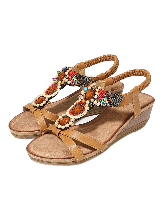 Bohemian Crystal Rhinestone Elastic Band Sandals Brown  - Image 1