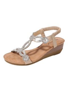 Bohemian Rhinestone Elastic Band Sandals Beige