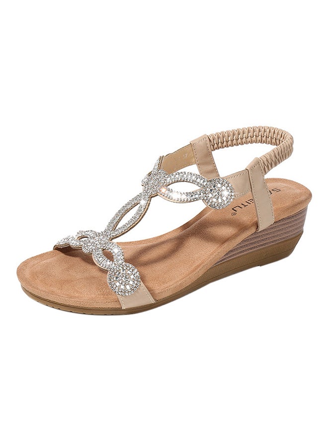 Generic - Bohemian Rhinestone Elastic Band Sandals Beige - Image 1