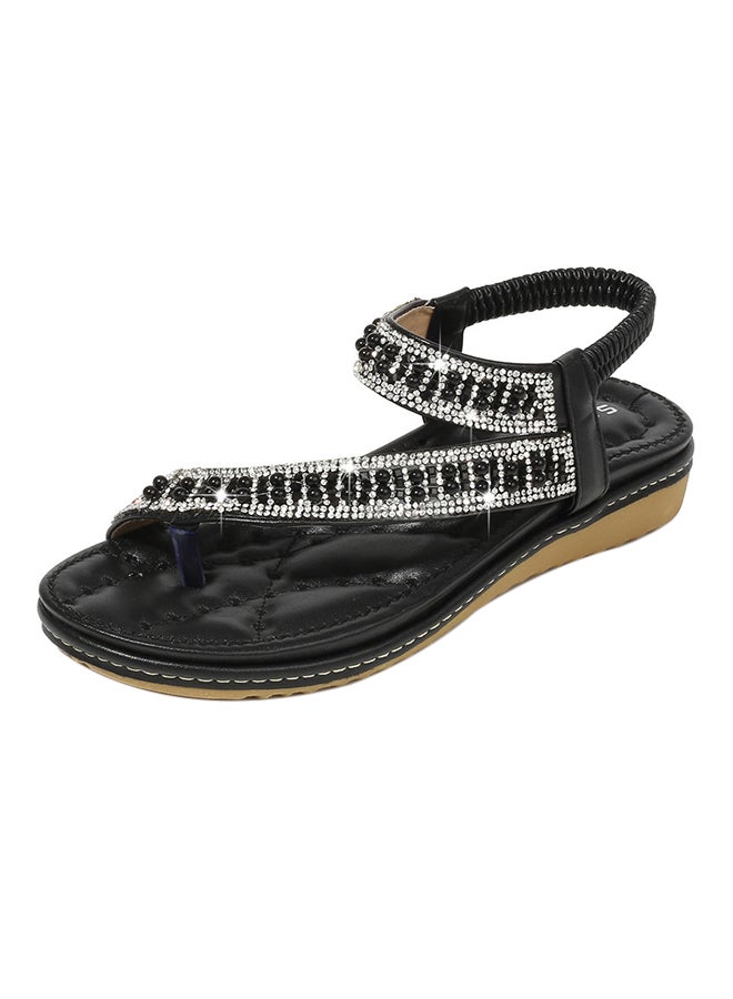 Fashion Rhinestone Thong Flat Elastic Band Sandals Black  - Image 1