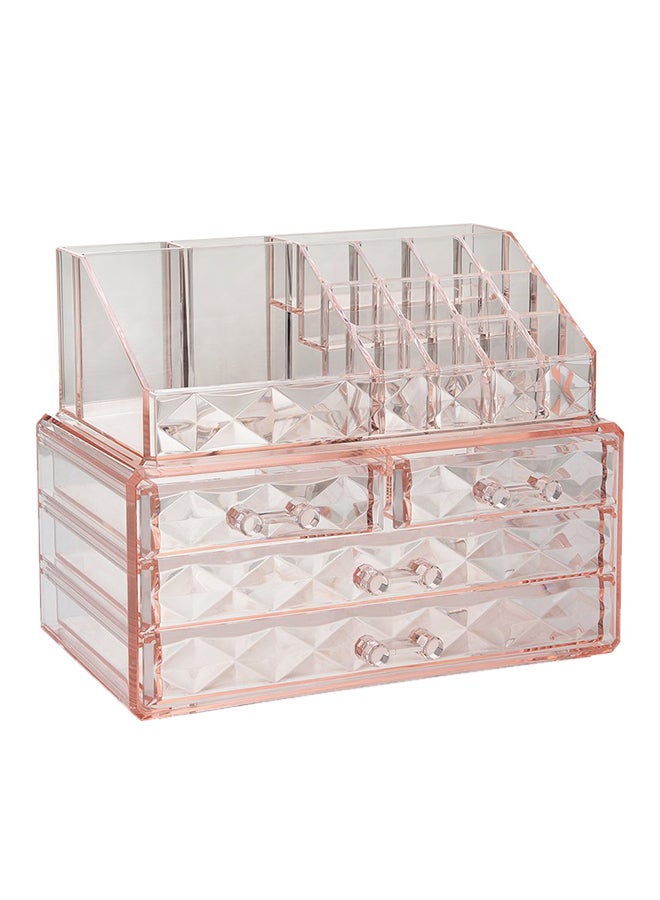 2-Piece 4 Drawer Cosmetic Storage Box With Brush Holder Set Pink