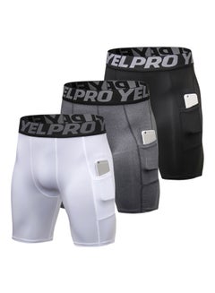 LIXADA 3 Pack Of Compression Pocket Shorts White/Grey/Black  - Image 1