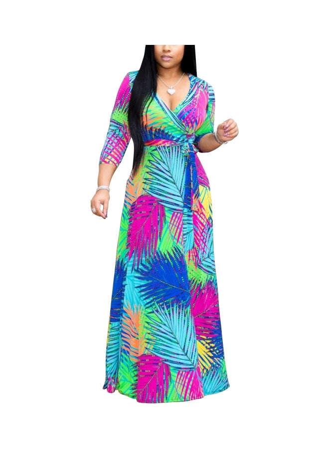 V-Neck Printed Long Dress Green/Pink/Blue  - Image 1