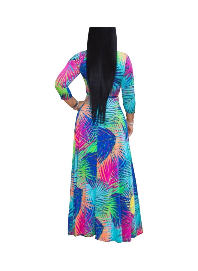 V-Neck Printed Long Dress Green/Pink/Blue  - Image 2