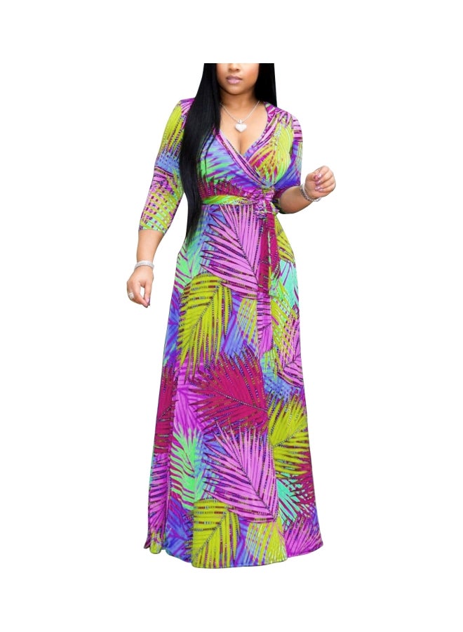 V-Neck Printed Long Dress Purple/Pink/Blue  - Image 1
