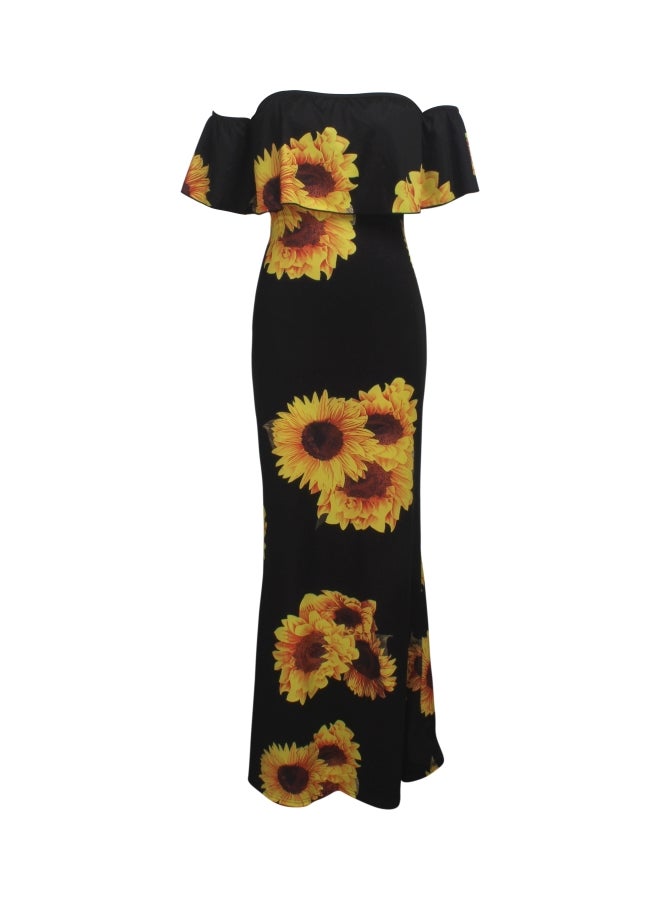 Off-Shoulder Floral Printed Dress Black/Yellow  - Image 1