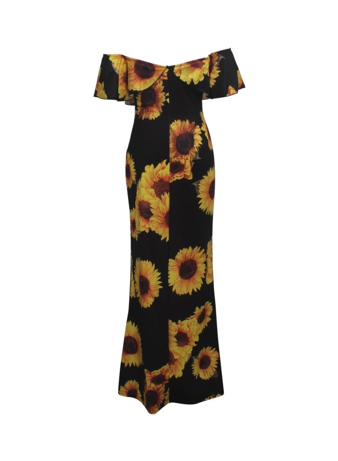 Off-Shoulder Floral Printed Dress Black/Yellow  - Image 2