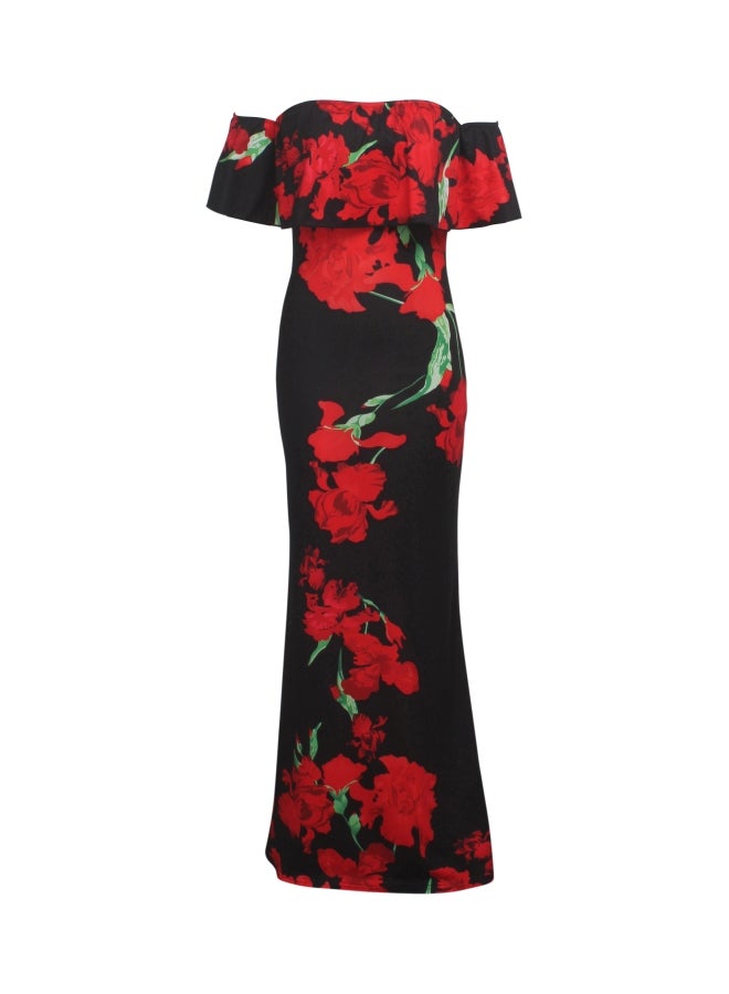 Off-Shoulder Floral Printed Dress Red/Black/Green  - Image 1