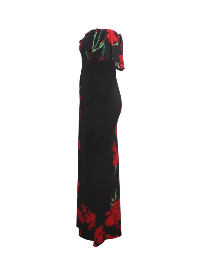 Off-Shoulder Floral Printed Dress Red/Black/Green  - Image 3