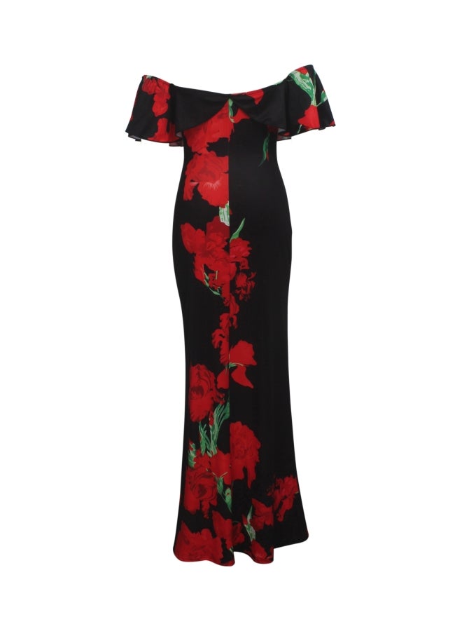 Off-Shoulder Floral Printed Dress Red/Black/Green  - Image 2