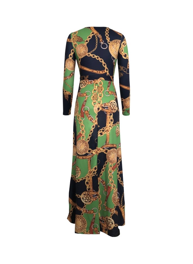 Digital Printed V-Neck Dress Green/Blue/Gold - Image 2