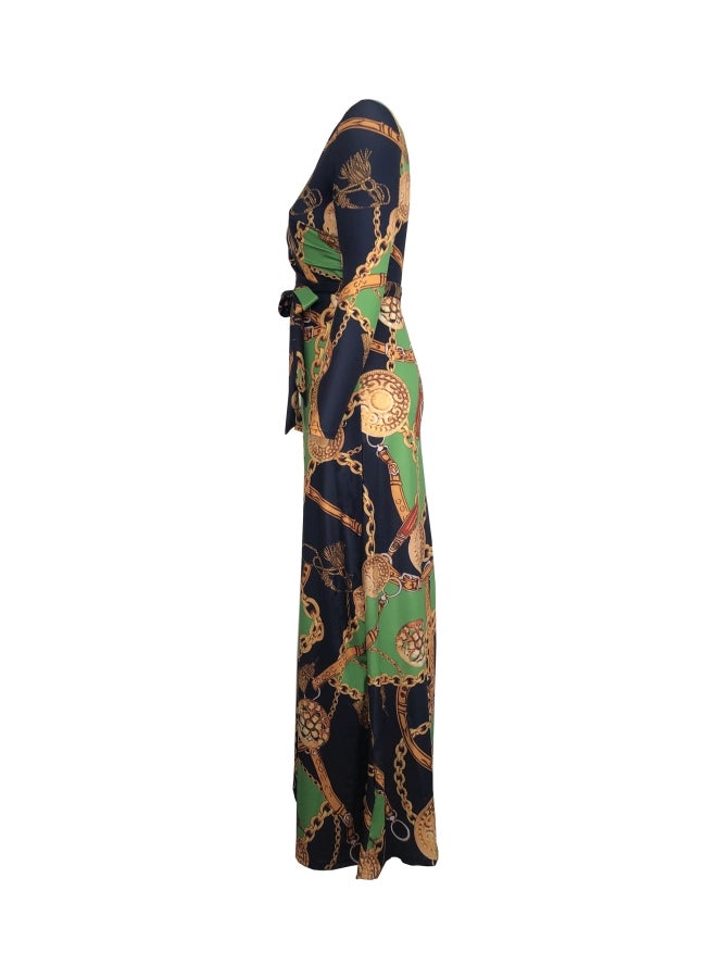 Digital Printed V-Neck Dress Green/Blue/Gold - Image 3