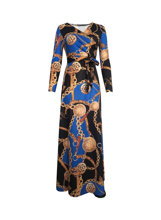 Digital Printed V-Neck Dress Blue/Brown/Yellow - Image 1