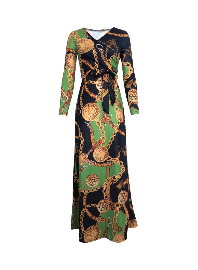 Digital Printed V-Neck Dress Green/Blue/Gold - Image 1