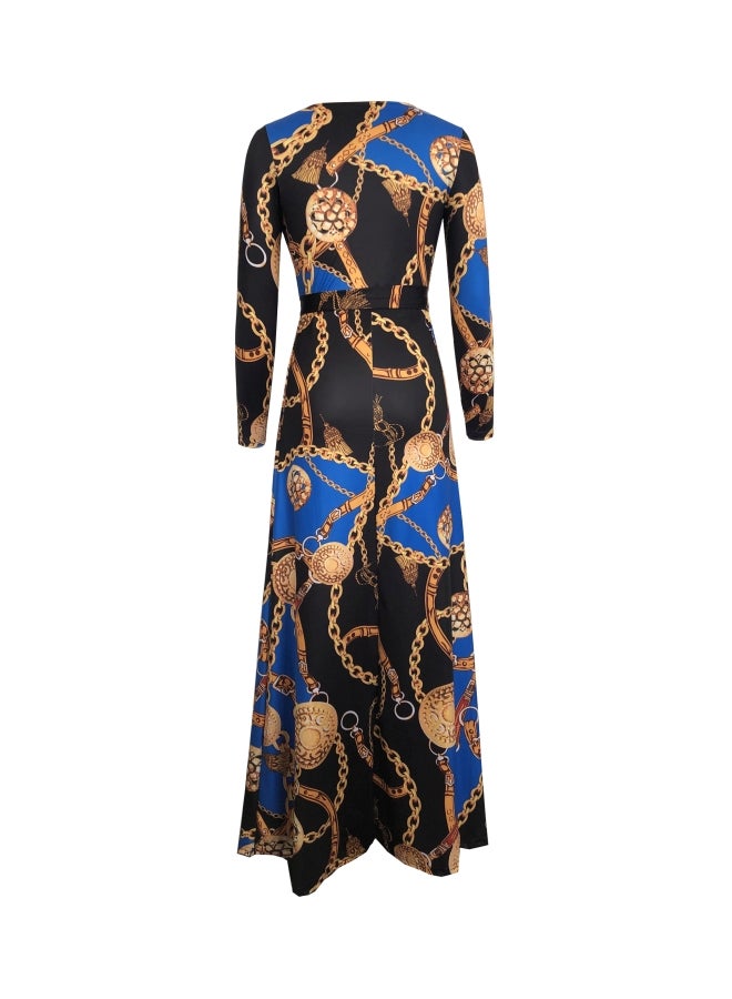 Digital Printed V-Neck Dress Blue/Brown/Yellow - Image 2