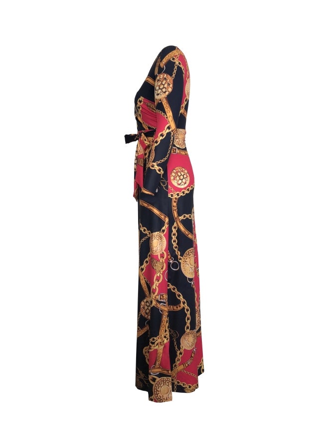 Digital Printed V-Neck Dress Pink/Blue/Gold - Image 3