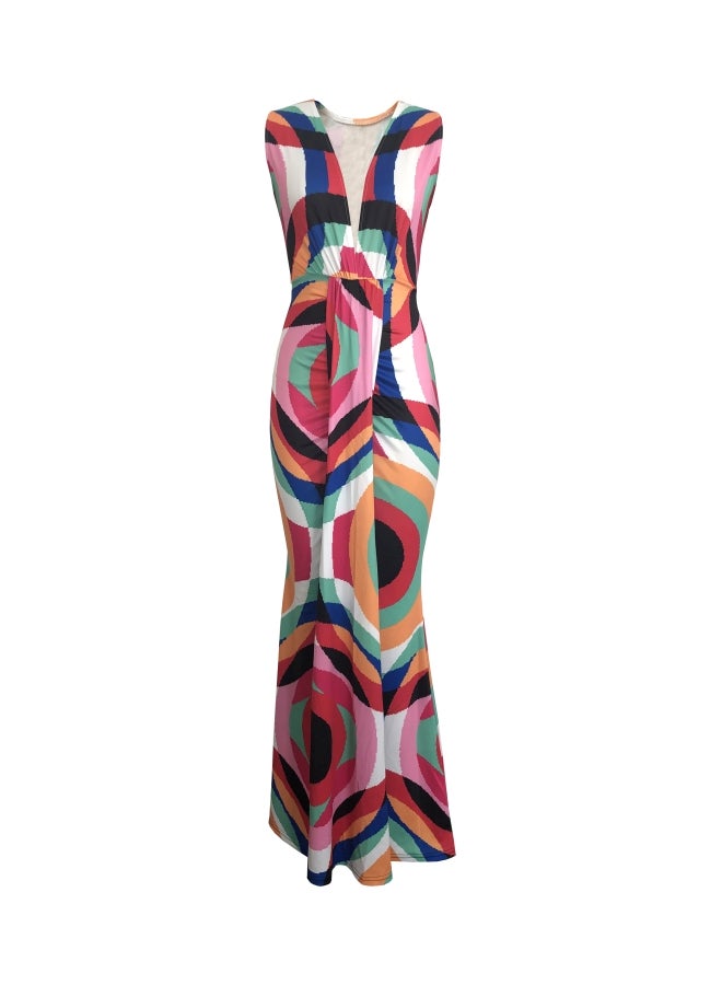 Digital Printed V-Neck Dress Blue/Red/Green - Image 1
