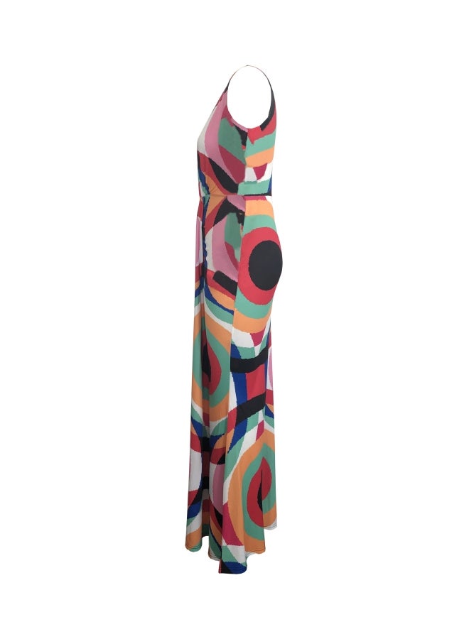 Digital Printed V-Neck Dress Blue/Red/Green - Image 3