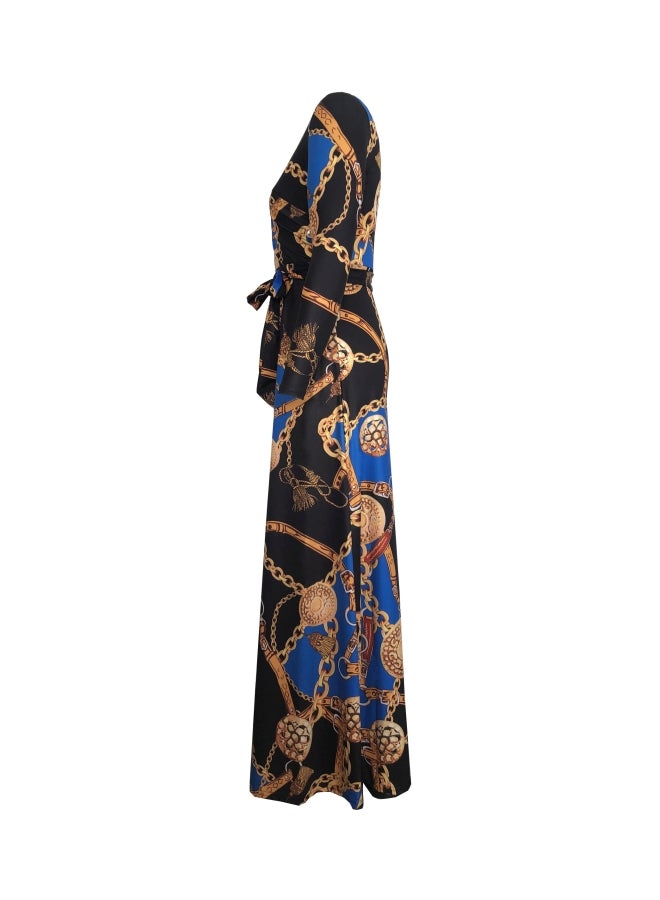 Digital Printed V-Neck Dress Blue/Brown/Yellow - Image 3