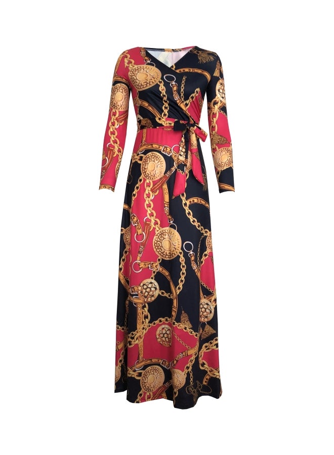 Digital Printed V-Neck Dress Pink/Blue/Gold - Image 1